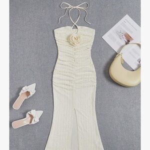 Elegant Cream Halter Dress with Floral Detail
